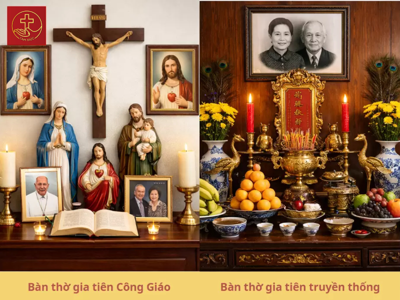 Bàn thờ gia tiên Công giáo cũng mang ý nghĩa tưởng nhớ tổ tiên nhưng không thờ cúng mà chỉ tôn kính, với biểu tượng trung tâm vẫn là thánh giá
