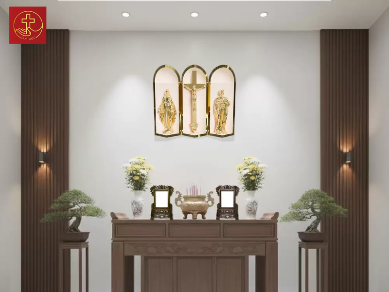Mẫu bàn thờ gia tiên Công Giáo tối giản và gọn gàng