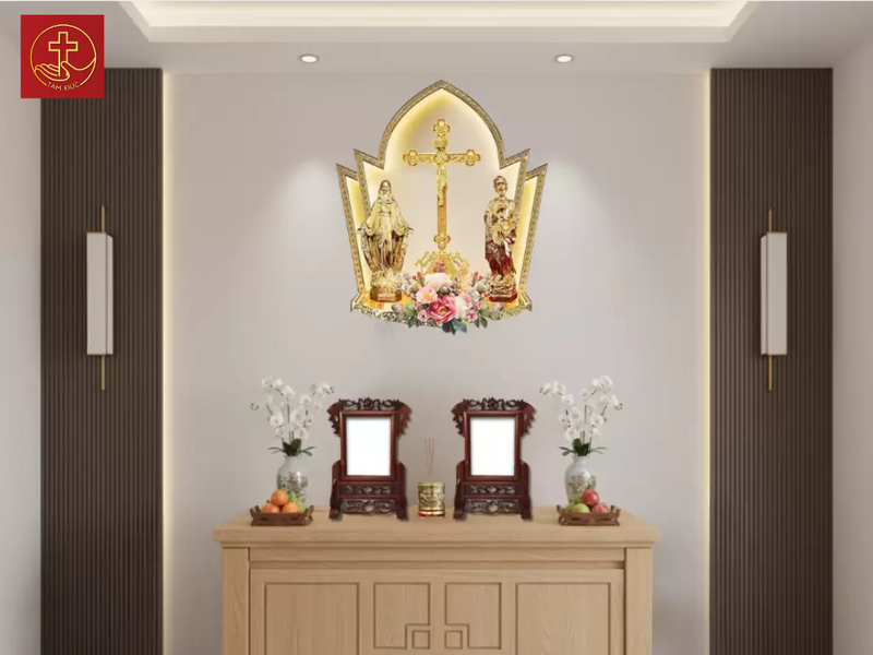Mẫu bàn thờ gia tiên của người Công giáo thiết kế tối giản, màu sắc tươi sáng, là sự lựa chọn hoàn hảo cho những căn hộ hiện đại