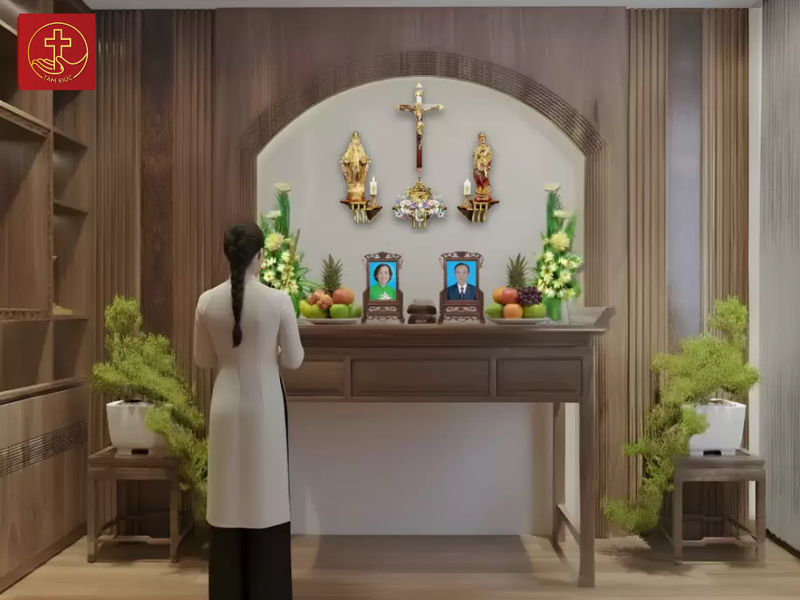 Mẫu bàn thờ ông bà Công giáo với chất liệu gỗ tự nhiên, phong cách tối giản và không có hoa văn