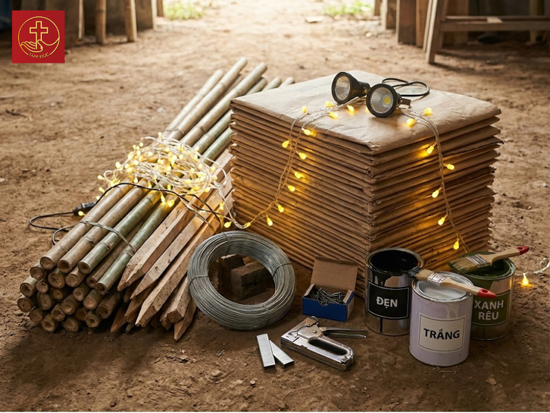 Các nguyên liệu cần chuẩn bị để làm hang đá Noel bằng vỏ bao xi măng.