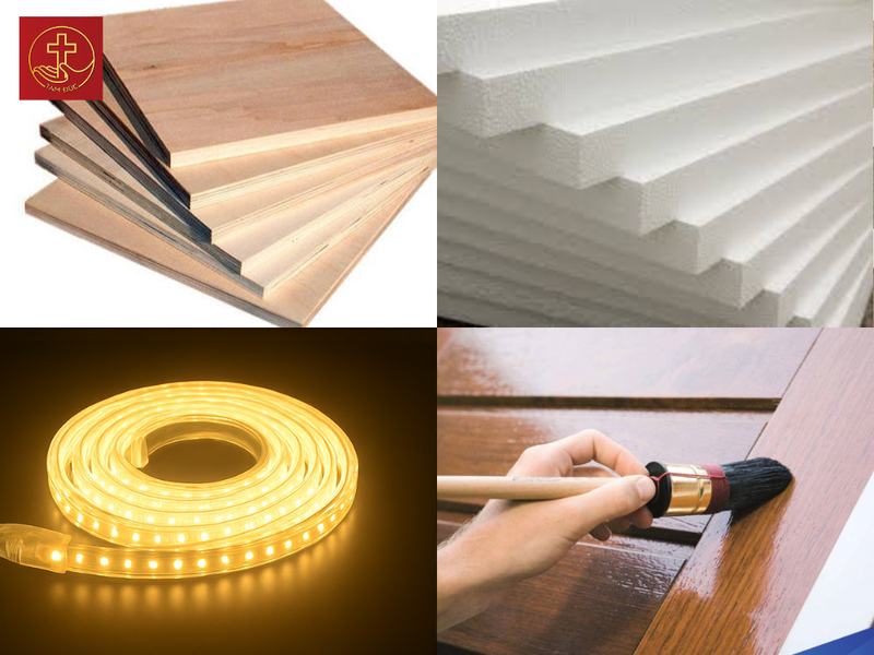 Chuẩn bị nguyên liệu để làm hang đá Noel bằng gỗ khung, rơm rạ và xốp cứng.
