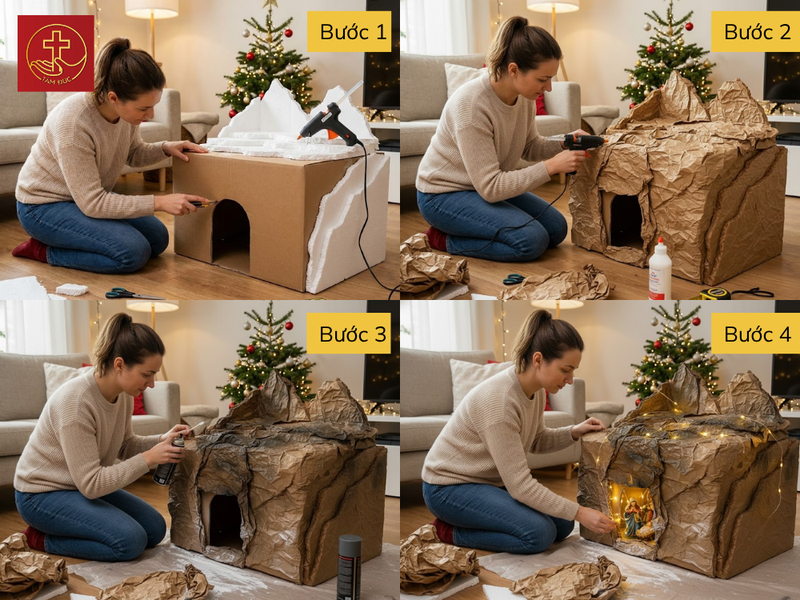 Cách làm hang đá Noel bằng thùng carton.