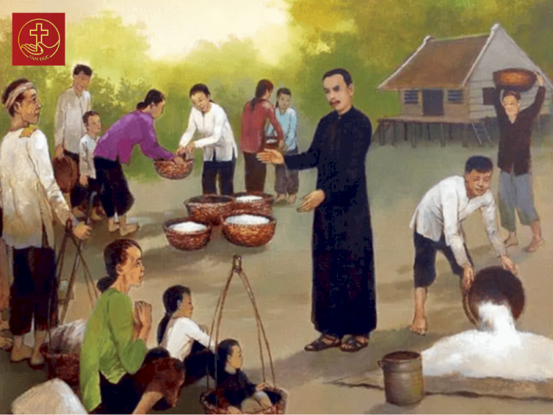 Hình ảnh tái hiện cảnh Cha Diệp tận tụy chăm lo đời sống vật chất và phát chẩn cho người nghèo tại vùng đất Tắc Sậy gian khó.