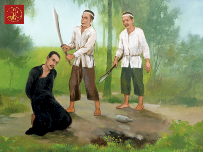 Tranh vẽ lại khoảnh khắc Cha Diệp can đảm hy sinh mạng sống để bảo vệ sự an toàn cho hơn 70 giáo dân trong biến cố năm 1946.