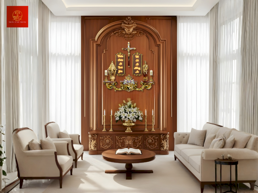 Bàn thờ Chúa mạ PVD Gold sang trọng đặt trên bức tường gỗ