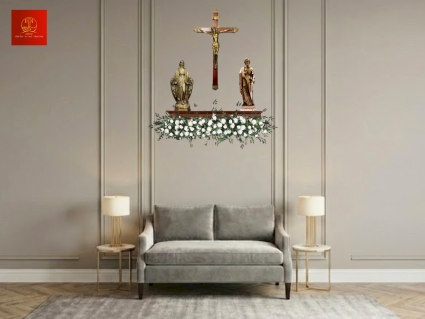 ban-tho-cong-giao-gom-thanh-gia-chua-giesu-tuong-duc-me-va-tuong-thanh-giuse Bàn thờ Công giáo gồm Thánh Giá Chúa Giêsu, tượng Đức Mẹ và tượng Thánh Giuse