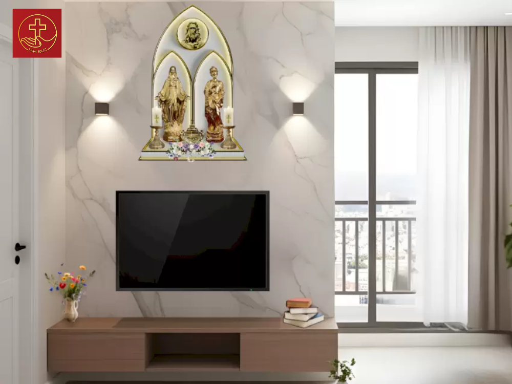Bàn thờ Công giáo SFU-No.03 gồm tượng Đức Mẹ và tượng Thánh Giuse chất liệu Inox PVD Gold