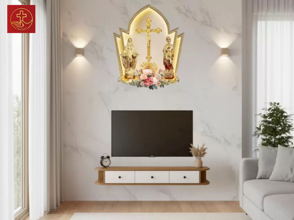 Bàn thờ Công giáo SFU-No.02 gồm Thánh Giá, tượng Đức Mẹ và Thánh Giuse chất liệu Inox PVD Gold