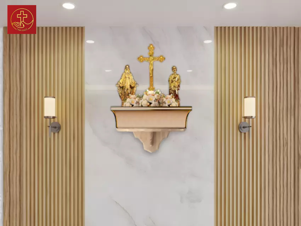Bàn thờ Công giáo SFU-No.09 gồm Thánh Giá, tượng Đức Mẹ, tượng Thánh Giuse chất liệu inox PVD Gold
