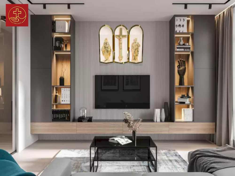 Bàn thờ Công Giáo SFU-No.10 gồm tượng Đức Mẹ, Thánh Giá, Thánh Giuse chất liệu Inox PVD Gold