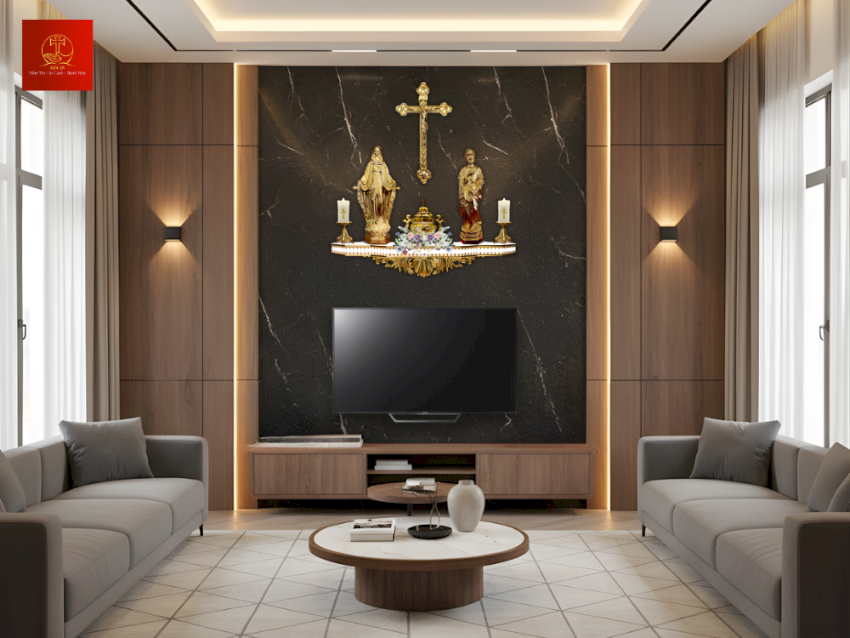 ban-tho-cong-giao-trong-phong-khach-hien-dai-tong-tram Bàn thờ Công giáo trong phòng khách hiện đại tông trầm