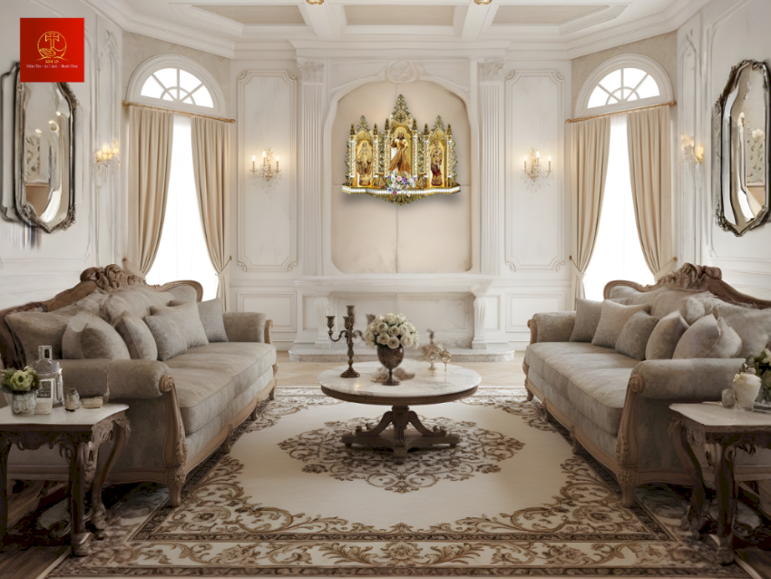 ban-tho-cong-giao-voi-bo-hau-cung-nhieu-mai-cham-trong-phong-khach-co-dien-chau-au Bàn thờ Công giáo với bộ hậu cung nhiều mái chạm trong phòng khách cổ điển Châu Âu