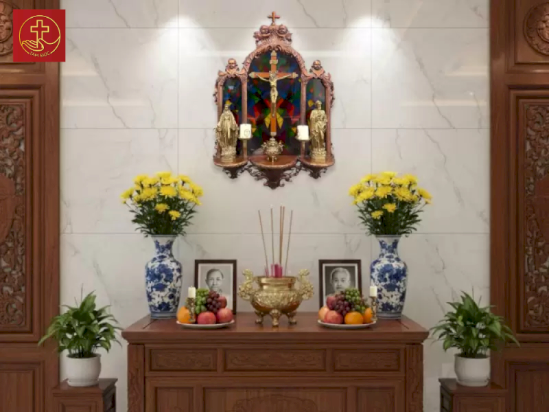 Bàn thờ cần tỷ lệ thuận với diện tích phòng để tạo điểm nhấn, giữ trọn vẹn sự thiêng liêng.