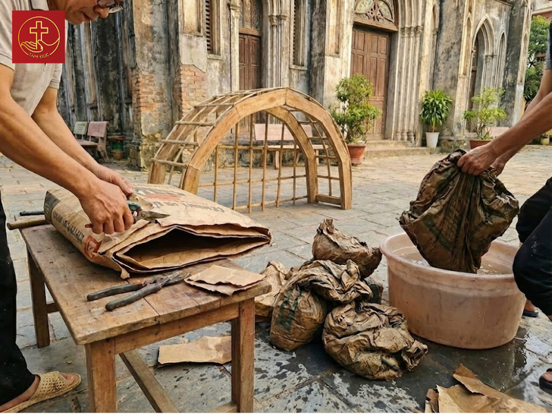Cắt và vò nát vỏ bao xi măng thật kỹ trong nước để tạo ra các nếp nhăn tự nhiên giống bề mặt đá.