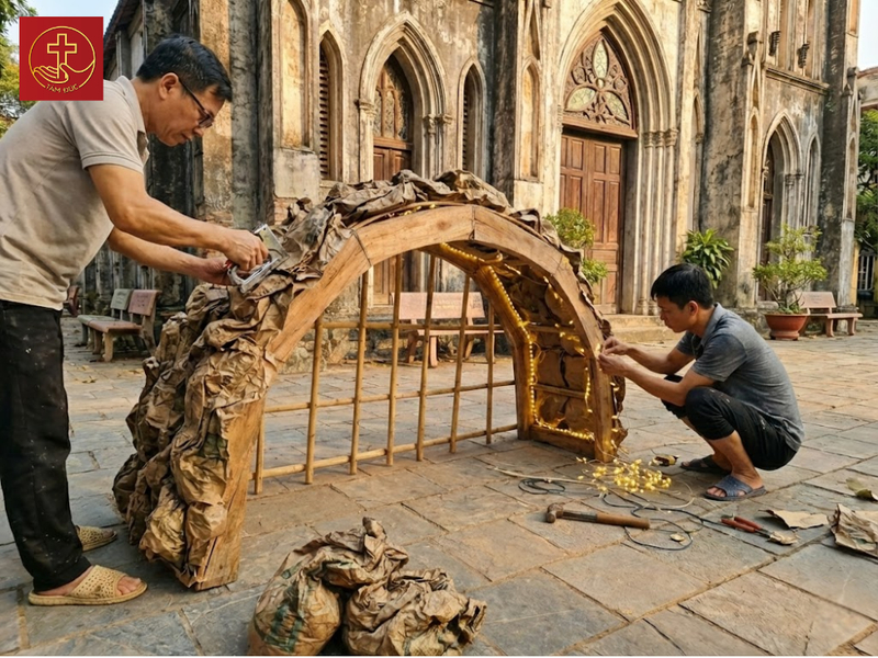 Phủ vỏ bao lên khung sườn, dùng súng bắn ghim cố định và khéo léo lồng ghép dây đèn LED vào trong.