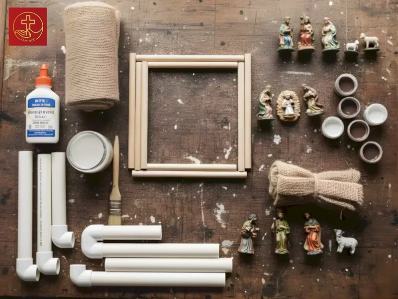 Chuẩn bị nguyên liệu để làm hang đá Noel bằng vải bố cứng, giấy xi măng gói quà.
