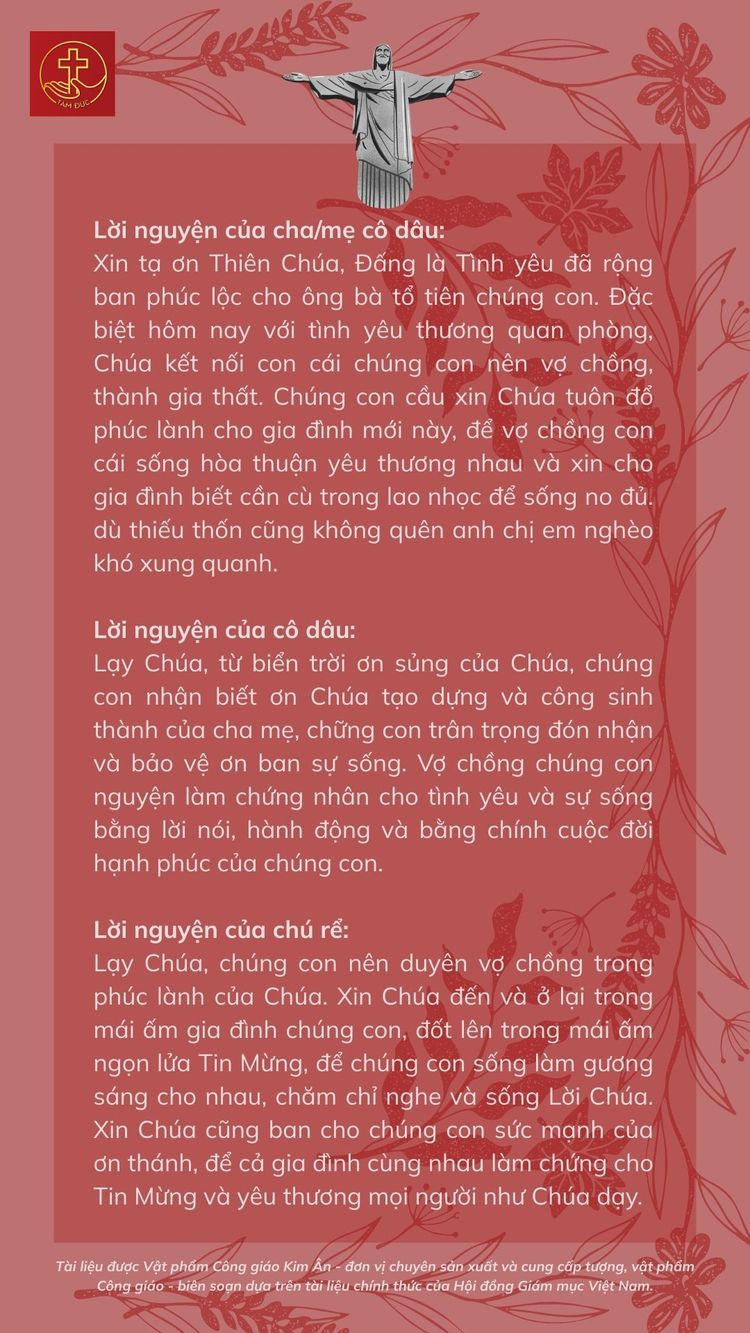 Lời nguyện cho cô dâu, chú rể và cha mẹ trước bàn thờ Chúa tại nhà gái