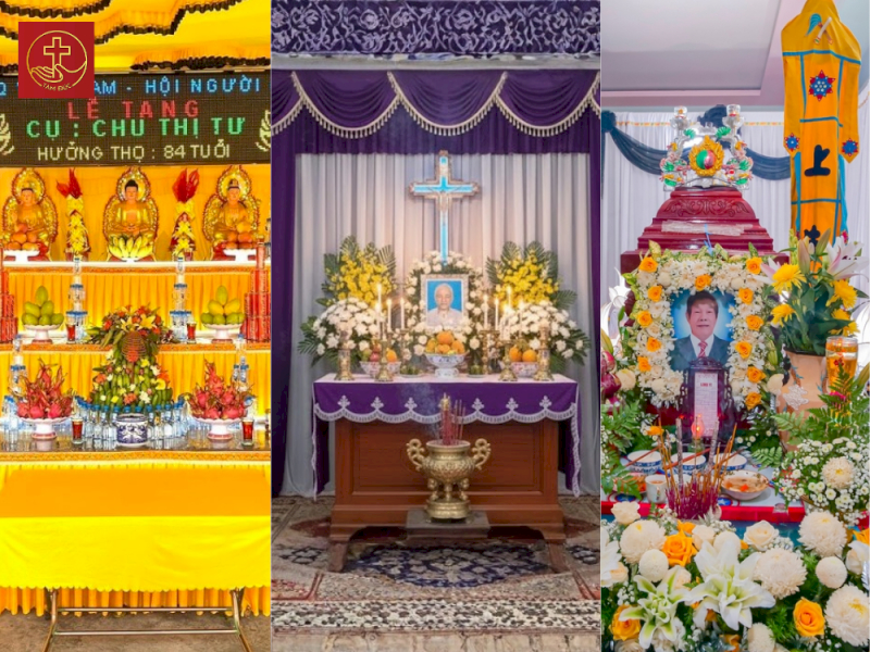 Phân biệt Linh đường đám tang Công giáo (giữa) và đạo Phật (trái), đạo Cao Đài (phải)