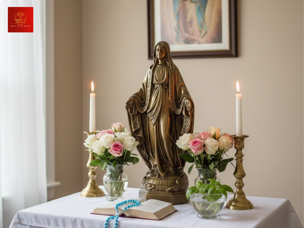 Tượng Đức Mẹ Ban Ơn 40cm với màu giả cổ sang trọng chuẩn mực Âu Mỹ.