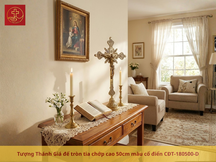 Tượng Thánh Giá đế tròn tia chớp cao 50cm màu cổ điển (CĐT-180500-D)