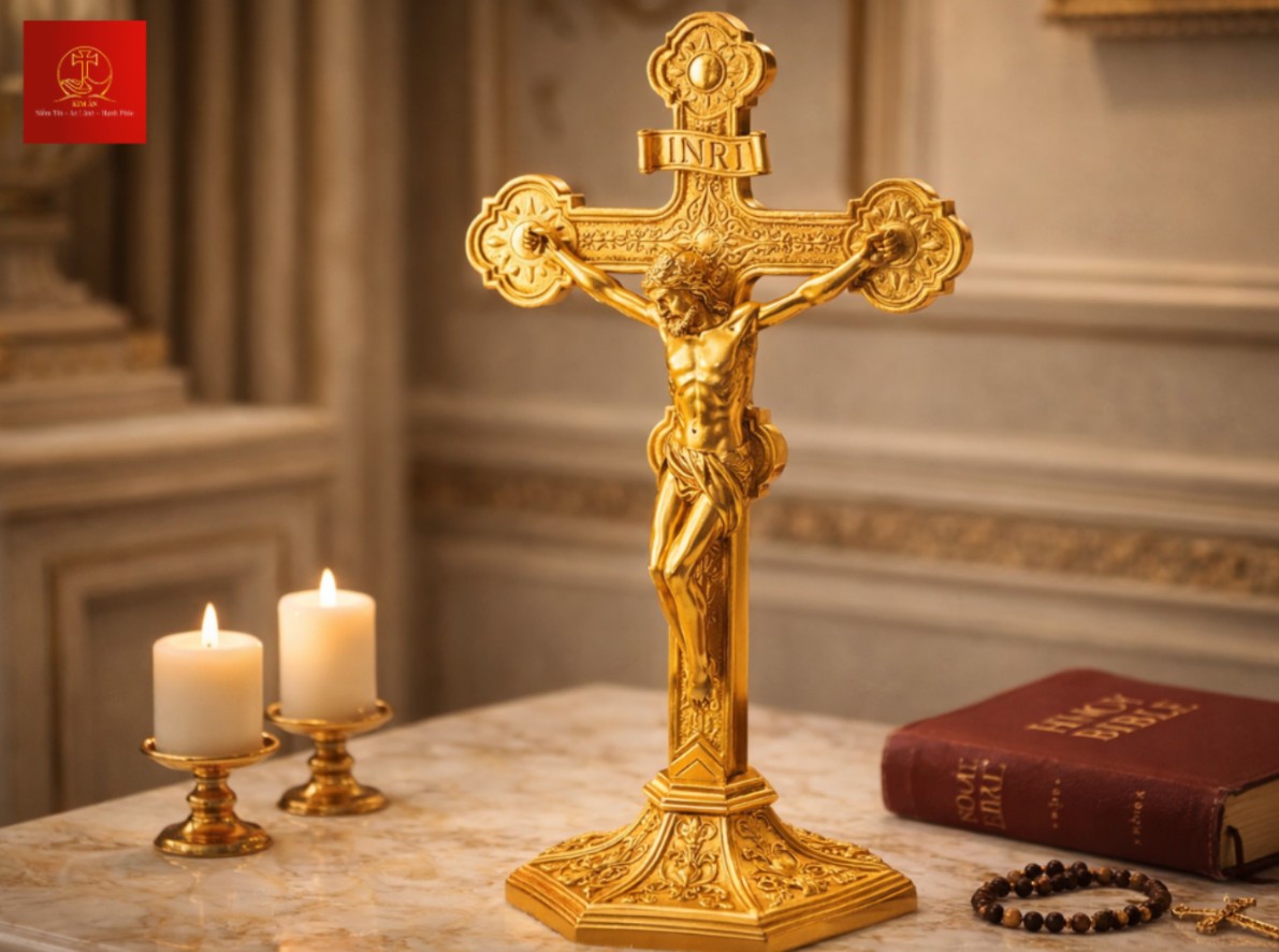Cây thánh giá mạ vàng trên bàn cẩm thạch bên cạnh Kinh Thánh