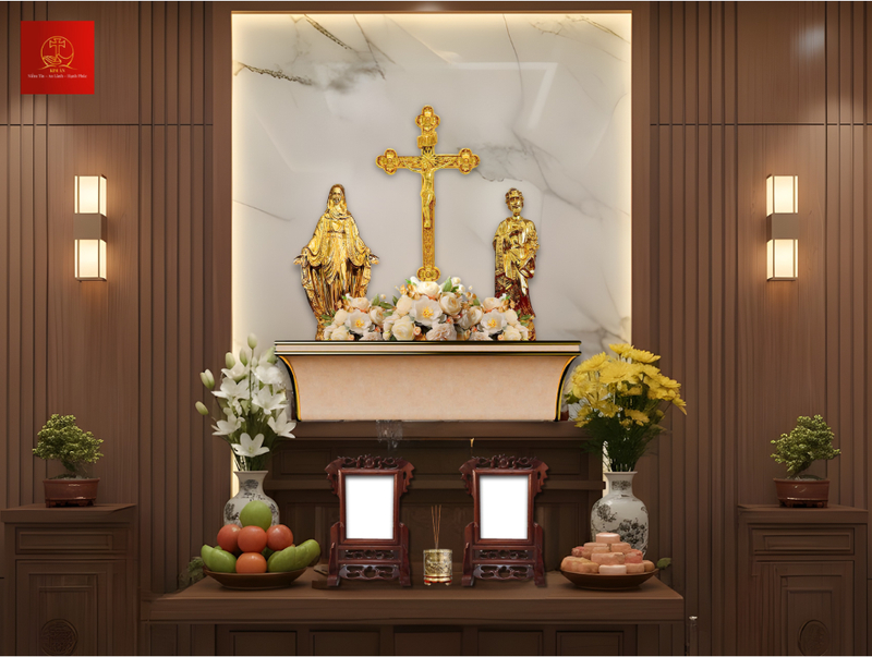 Bàn thờ Chúa mạ vàng đương đại PVD nổi bật trong gỗ nâu trầm