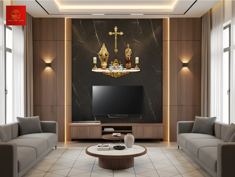 Bàn thờ Chúa nâu xám trầm đương đại mang vẻ trang nghiêm