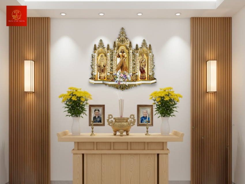 Bàn thờ chúa và bàn thờ gia tiên: Có nên đặt chung? 12+ Mẫu bàn thờ chúa và gia tiên