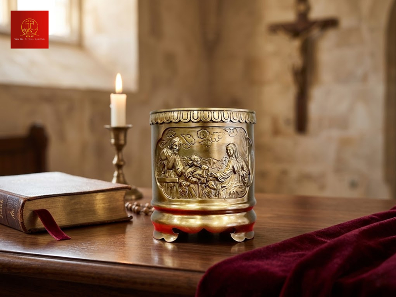 Bát hương đồng Công giáo mẫu tròn kích thước 2