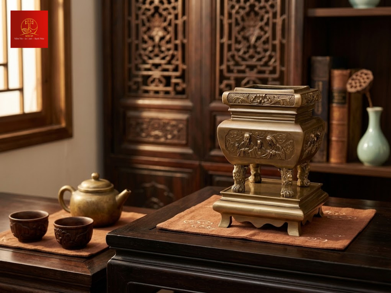 Bát hương đồng mẫu vuông 20cm uy nghi đồng thau