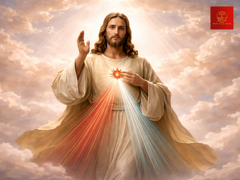 Chúa Giêsu Lòng Thương Xót với cử chỉ chúc lành và ánh sáng cứu độ