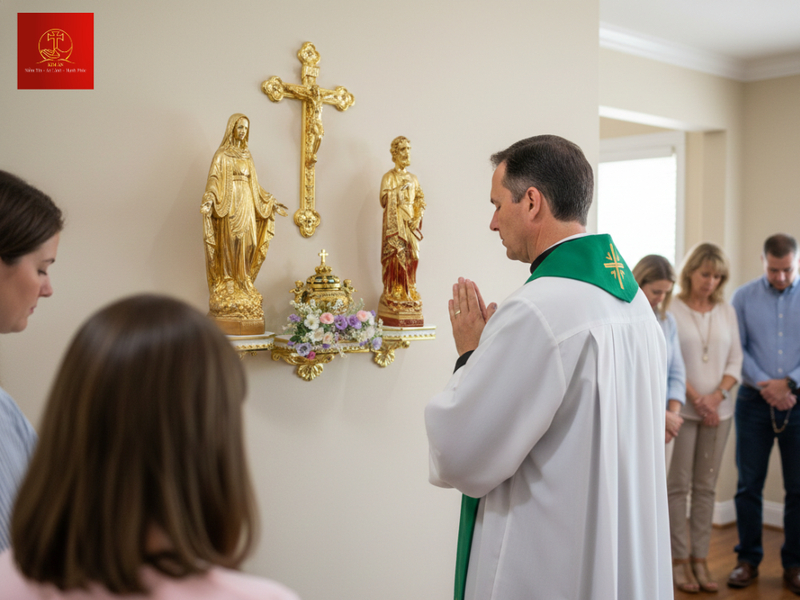 Linh mục thực hiện nghi thức cầu xin Thiên Chúa chúc lành cho gia đình