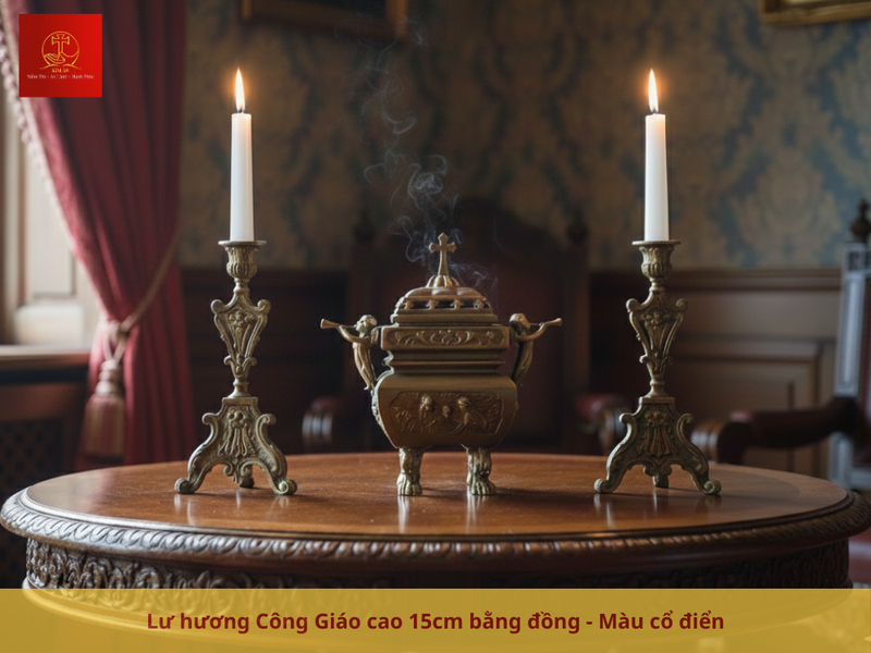 Lư hương Công giáo 15cm bằng đồng, sang trọng hợp không gian nhỏ