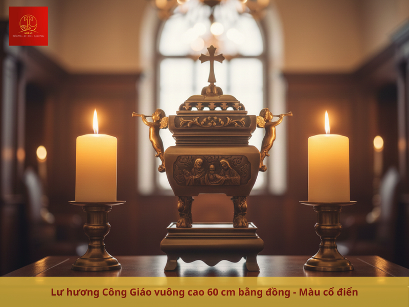 Lư hương Công giáo 60cm đế vuông cho các không gian lớn.