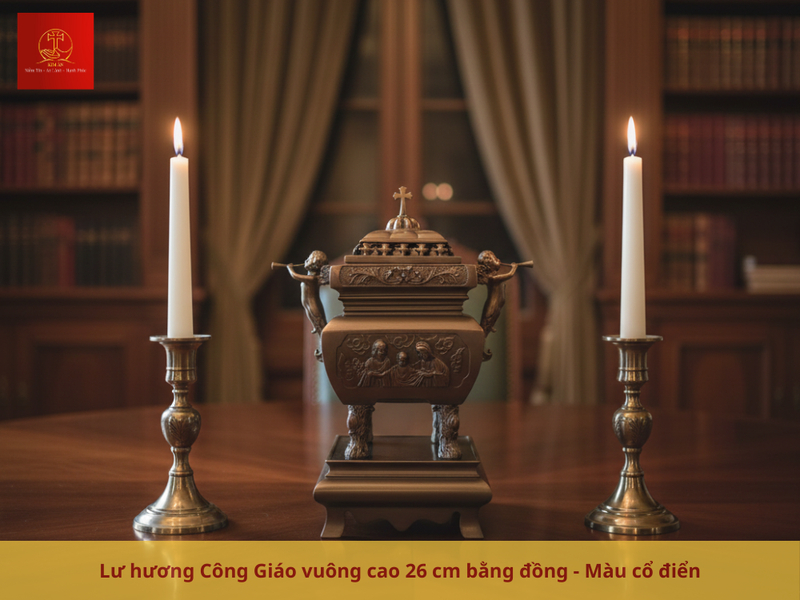 Lư hương Công giáo vuông 26cm bằng đồng tinh xảo, sang trọng