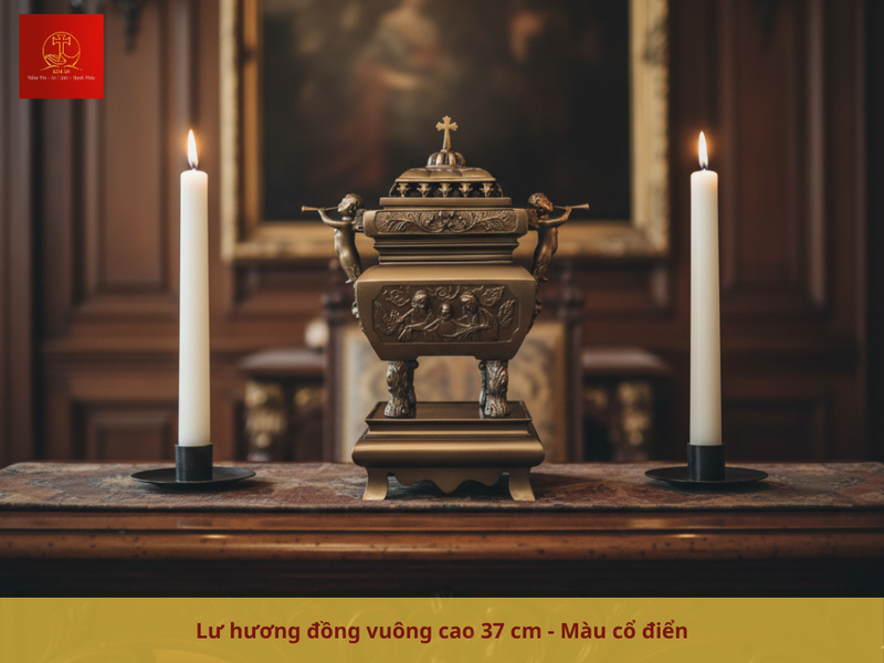 Lư hương đồng vuông 37cm màu cổ điển đầy thẩm mỹ