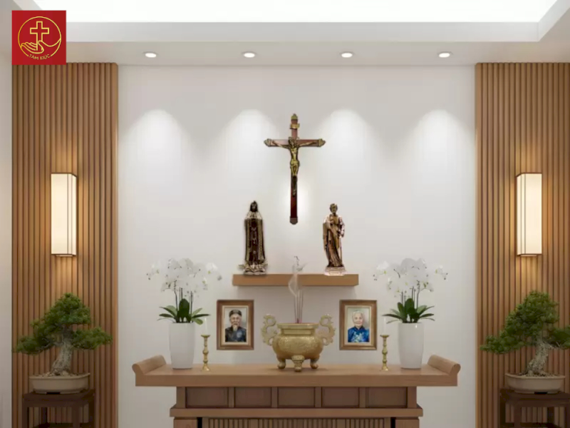 Sự giao hòa tinh tế giữa kiến trúc truyền thống Việt và ngôn ngữ tạo hình hiện đại của bàn thờ Chúa mẫu đương đại