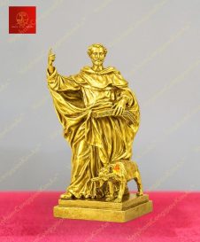 Tượng Thánh Đa Minh với chú chó nhỏ và ngọn đuốc chất liệu đồng mạ vàng gold 24K cao 20cm