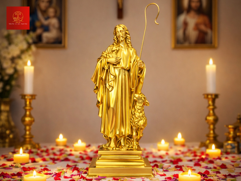 Tượng Chúa Chăn Chiên mạ Gold, khắc họa Đấng Cứu Thế bao bọc đoàn chiên