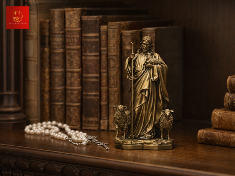 Tượng Chúa Chiên Lành nhỏ bằng đồng màu cổ điển