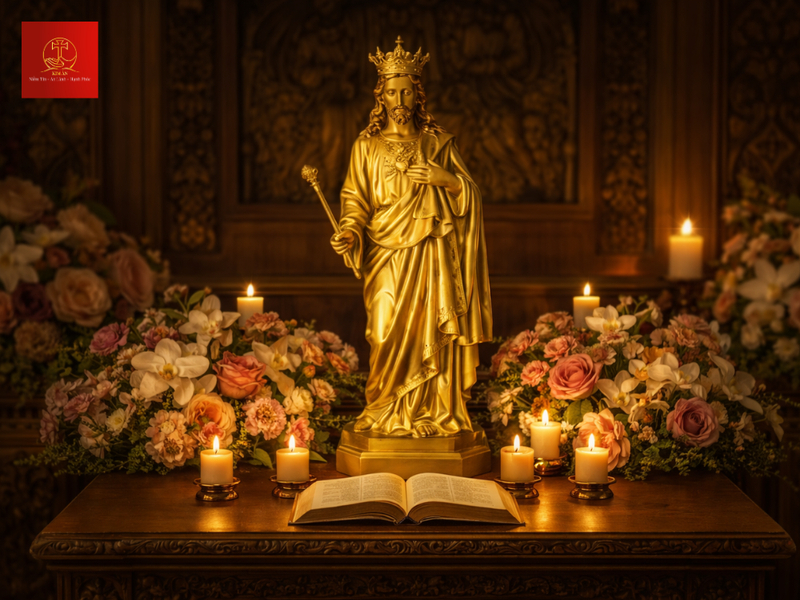 Tượng Chúa Kitô Vua oai nghi với vương miện và vương trượng