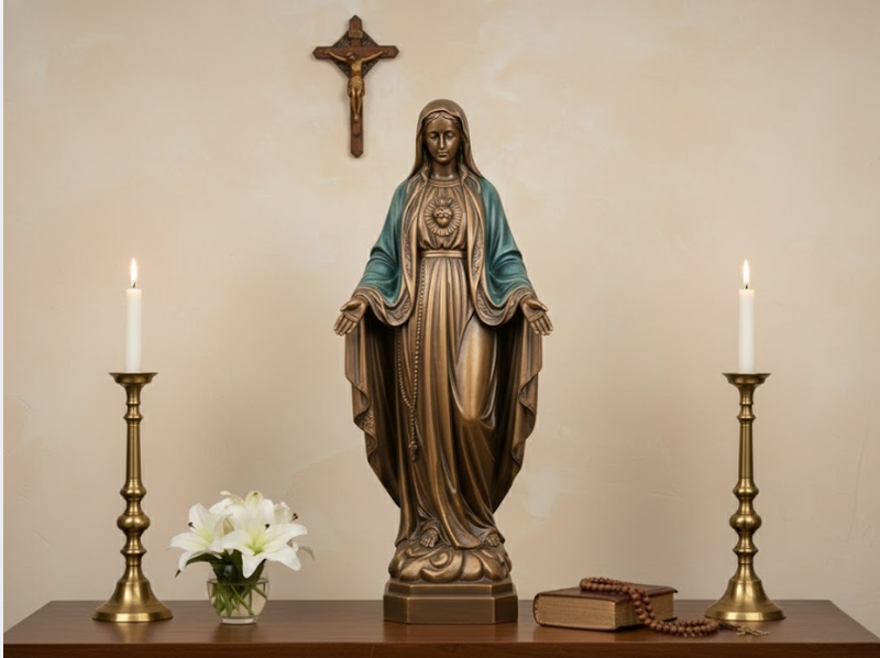 Tượng Đức Mẹ Ban Ơn áo xanh phối đồng cổ điển tạo tổng thể hài hòa