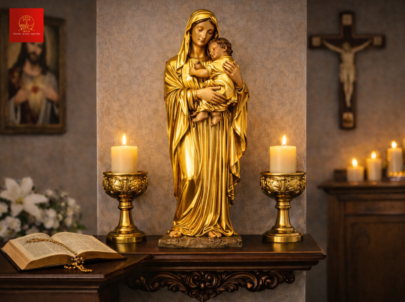 Tượng Đức Mẹ bế Chúa mạ vàng sang trọng mang cảm giác ấm áp bình an
