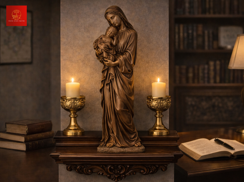 Tượng Đức Mẹ bế Chúa hợp kim cao cấp trong phòng sách giúp tập trung