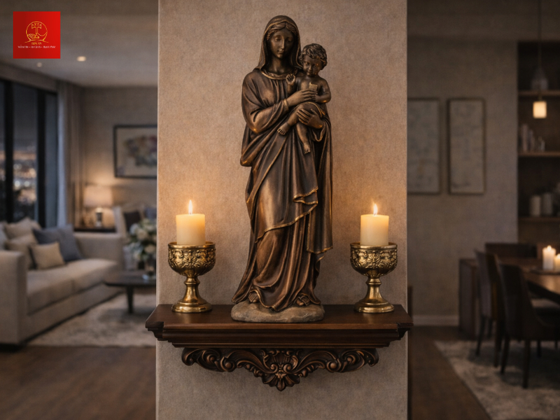 Tượng Đức Mẹ bế Chúa phòng khách lan tỏa an yên gắn kết gia đình