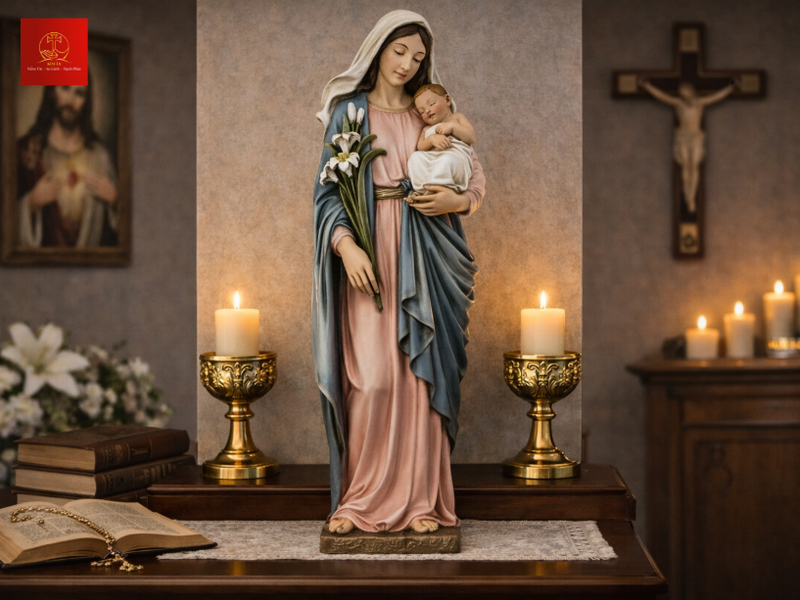 Tượng Đức Mẹ bế Chúa trong phòng thờ nuôi dưỡng đời sống Đức tin