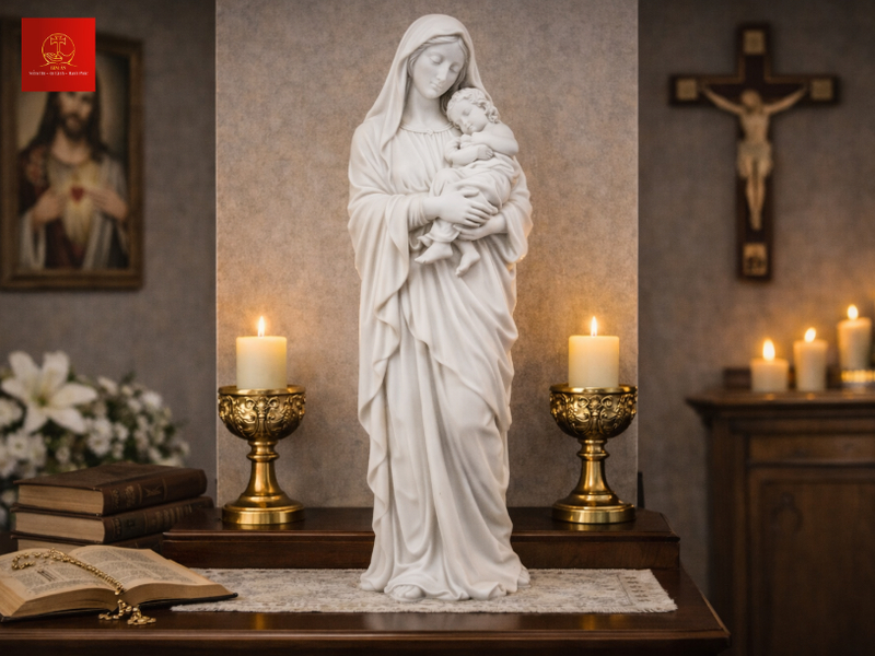 Tượng Đức Mẹ bế Chúa đá cẩm thạch thanh thoát tinh khiết trang nhã