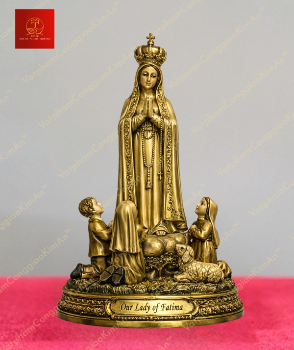Tượng đức mẹ Fatima đội vương miện cùng ba đứa trẻ chăn cừu chất liệu đồng cao 40cm