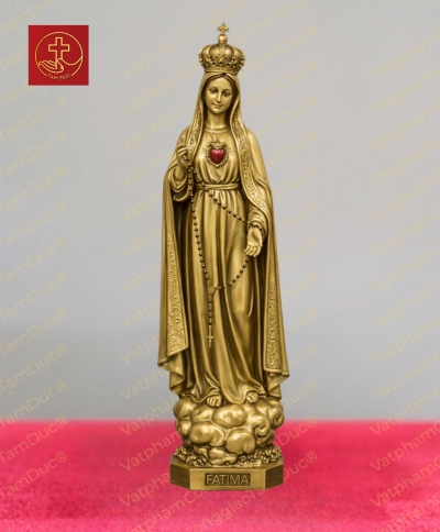 Tượng đức mẹ Fatima Bình Triệu với trái tim vô nhiễm rực đỏ, hai tay cầm tràng hạt Mân Côi chất liệu đồng cao 30cm
